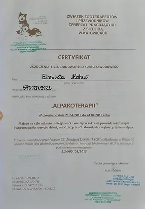 Zaświadczenie ukończenia kursu Alpakoterapii - Elżbieta Kohut